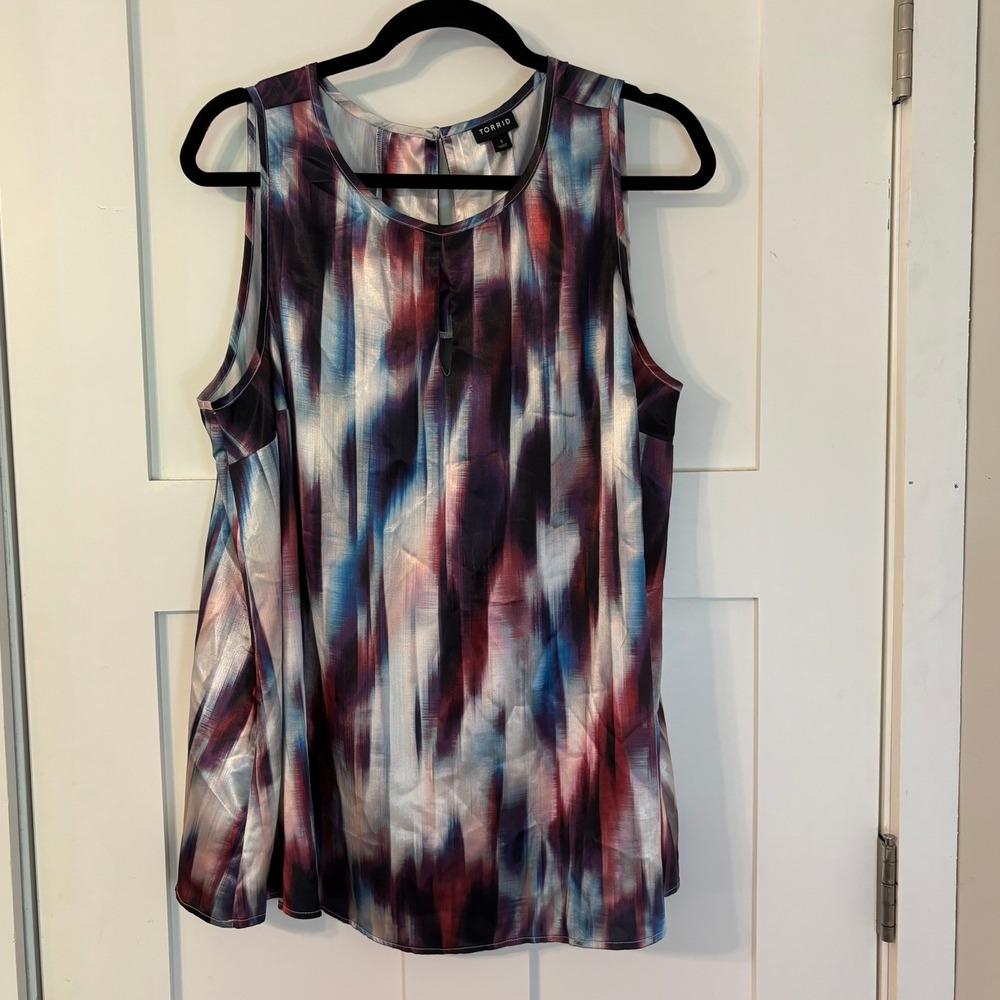 Torrid SZ 1 Abstract Ikat Print Sleeveless Satin Blouse Vibrant Purple Blue Red